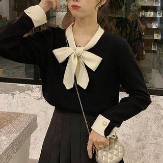 Color-block Lace-up Long-sleeve Knit Top