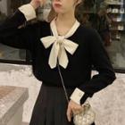 Color-block Lace-up Long-sleeve Knit Top