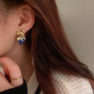 Bow Heart Glaze Alloy Earring 1 Pair - Silver Needle - Blue & Gold - One Size