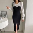 Color-block Long Rib-knit Dress Black - One Size