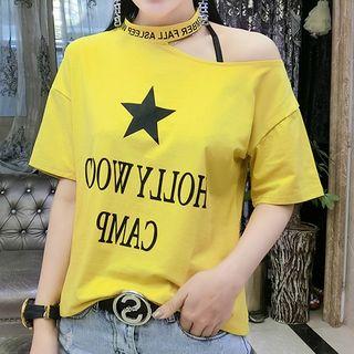 Short-sleeve Star Print Cut Out T-shirt