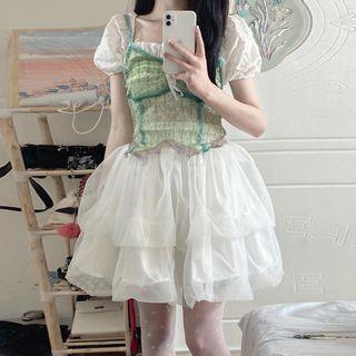 Lace Trim Camisole Top / Short-sleeve Top / Mesh Skirt / Set