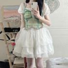 Lace Trim Camisole Top / Short-sleeve Top / Mesh Skirt / Set