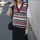 Crew-neck Short-sleeve T-shirt / Patterned Knit Vest / High Waist Midi Skirt