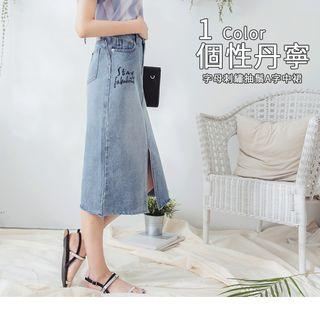 Slit-front Letter Denim A-line Skirt