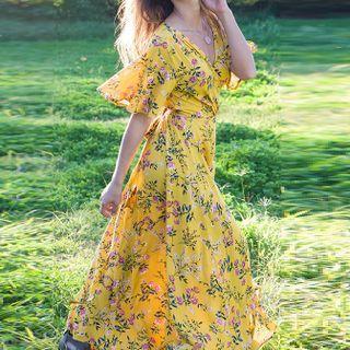 Short-sleeve Floral Midi Wrap A-line Dress