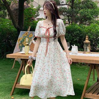 Short-sleeve Floral Tie-strap Midi Dress
