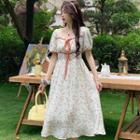 Short-sleeve Floral Tie-strap Midi Dress