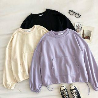 Plain Crewneck Long-sleeve Drawcord Sweatshirt