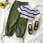 Striped Short-sleeve Knit Top / Elastic Waist Cropped Pants