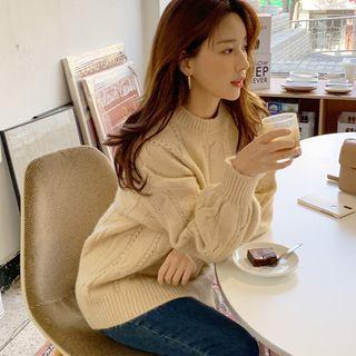 Drop-shoulder Cable-knit Sweater Beige - One Size