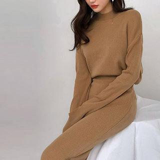 Set: Mock-neck Relaxed-fit Knit Top + Knit Midi Skirt