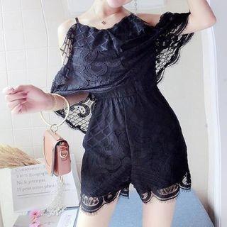 Off-shoulder 3/4-sleeve Lace Playsuit