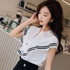 Short-sleeve Striped Trim Pleated Paneled Top