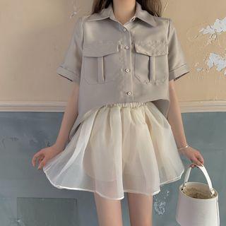 Short-sleeved Plain Shirt / Mesh Mini Skirt