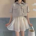 Short-sleeved Plain Shirt / Mesh Mini Skirt