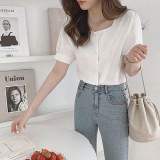 Plain Short-sleeve Square-neck Blouse / Midi Straight-fit Skirt