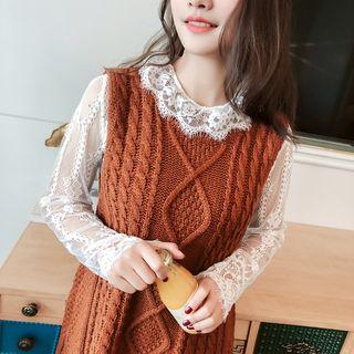 Long-sleeve Lace Mini Dress Black - One Size