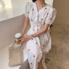 Short-sleeve Cherry Embroidery Midi A-line Dress White - One Size