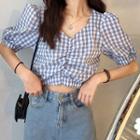 Elbow-sleeve Checkered Cropped Top
