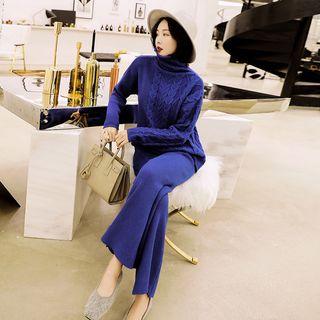 Set: Turtleneck Cable-knit Sweater + Knit Pants