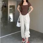 Short-sleeve Square-neck Drawstring Top / Cutout Wide Leg Sweatpants