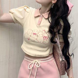 Short-sleeve Cartoon Print Knit Crop Polo Shirt