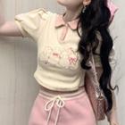 Short-sleeve Cartoon Print Knit Crop Polo Shirt