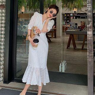 Puff-sleeve Plain Skinny Dress