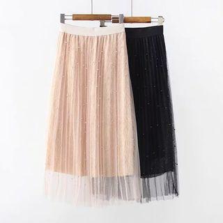 Faux Pearl Accent Midi Mesh A-line Skirt