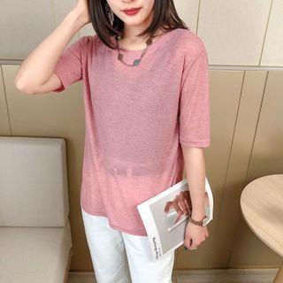 Elbow Sleeve Round Neck Plain T-shirt