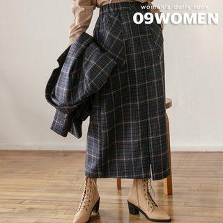 Pocket-side A-line Long Houndstooth Skirt