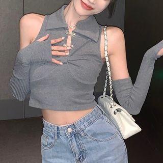 Set: Sleeveless Frog-button Crop Top + Arm Sleeves