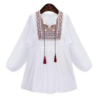 Embroidered Tassel Tie Front Long Sleeve Top