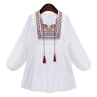 Embroidered Tassel Tie Front Long Sleeve Top