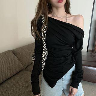 Open-back Cold-shoulder Long-sleeve T-shirt As Shown In Figure - One Size