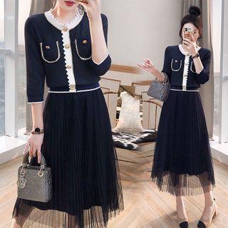 Set: 3/4-sleeve Knit Top + Midi A-line Mesh Skirt