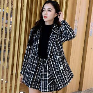 Set: Double-breasted Plaid Tweed Coat + Shorts