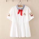 Bow-neck Cartoon Embroidered Blouse White - One Size