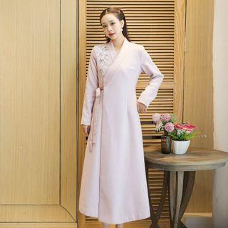 Flower Embroidered Tie-strap Midi Coat