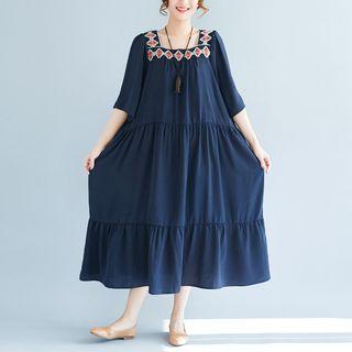 Elbow-sleeve Embroidered Tunic Dress Blue - One Size