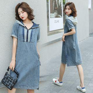 Short-sleeve Hooded A-line Denim Dress