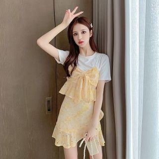 Set: Mock Two-piece Bow-accent Top + Ruffled Skirt