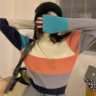 Turtleneck Panel Knit Top Blue & Beige & Coffee - One Size