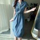 Mandarin-collar Denim Shirtdress Dark Blue - One Size