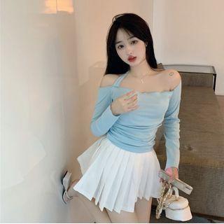 Long-sleeve Off Shoulder Top Light Blue - One Size