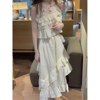 Plaid Ruffled Camisole Top / Asymmetrical A-line Skirt