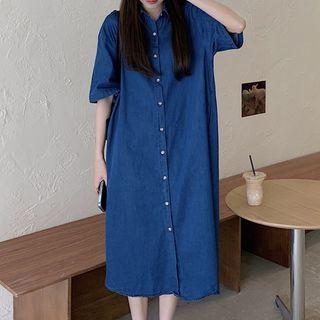 Elbow-sleeve Denim Button-up Midi Dress