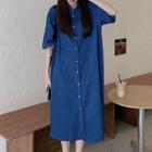 Elbow-sleeve Denim Button-up Midi Dress