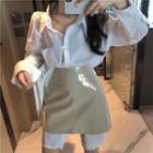 Long-sleeve Plain Shirt / High-waist Faux Leather A-line Skirt